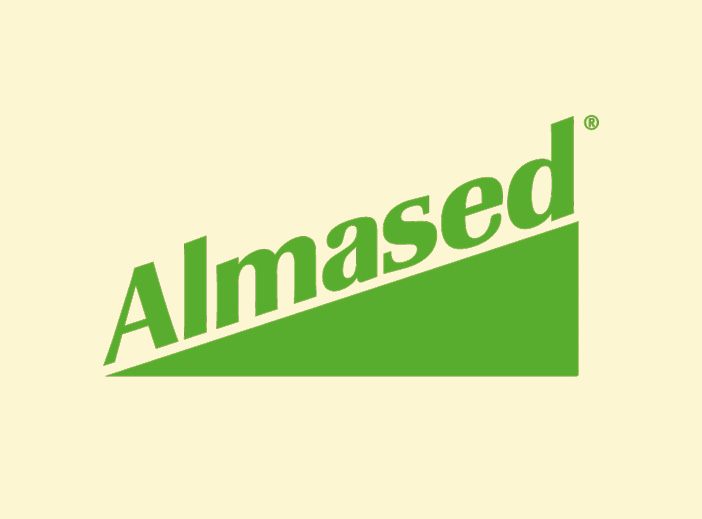 Almased Logo grün auf gelbem Hintergrund