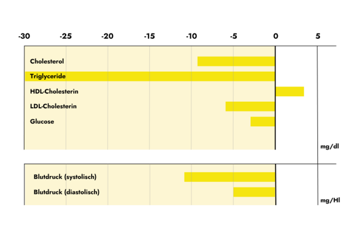 Wissenschaftliche Balkendiagramme/Studienergebnisse zur Veränderung von Cholesterin, HDL- und LDL-Cholesterin, Triglyceriden und Glucose sowie dem diastolischen und systolischen Blutdruck. 